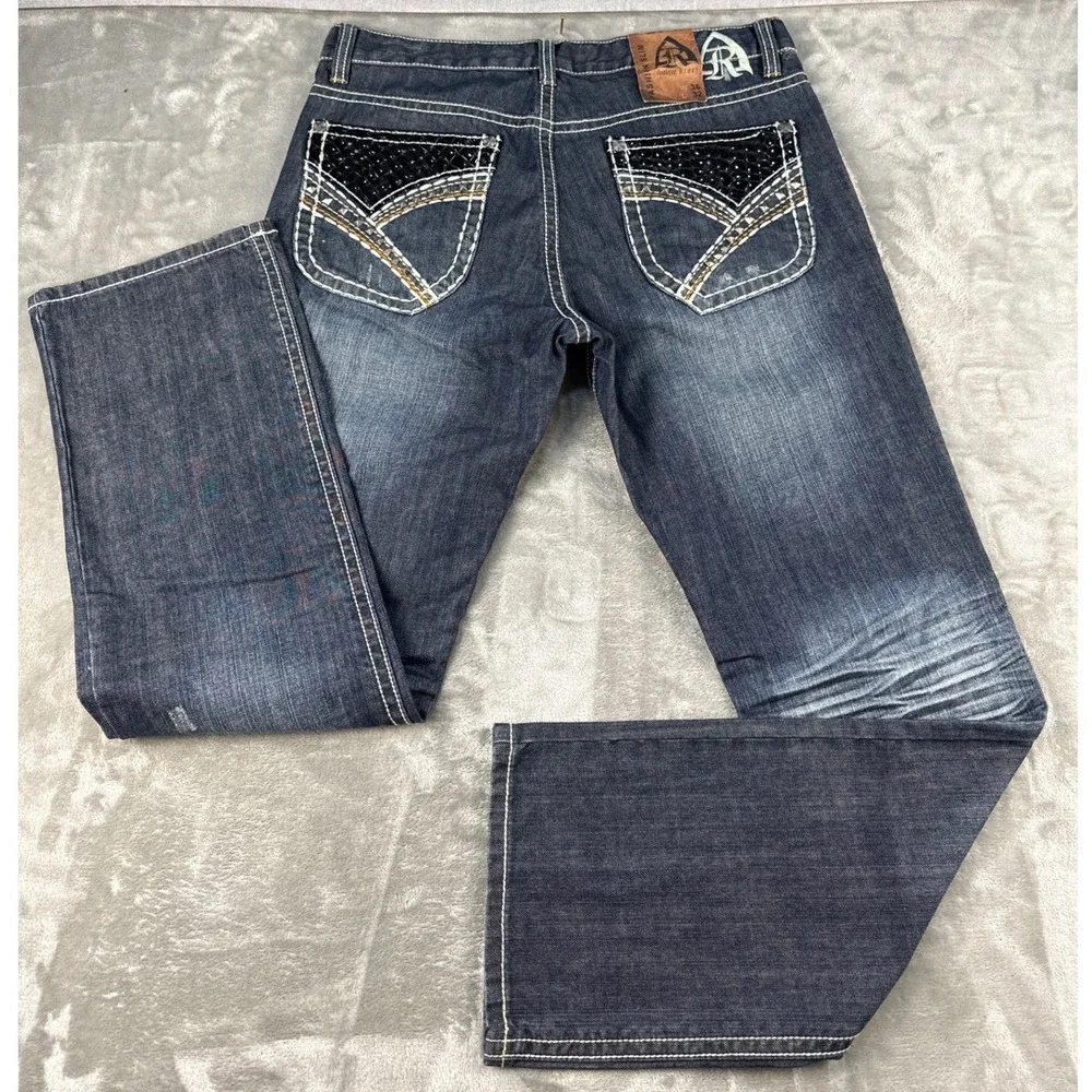 Antique Rivet Fashion Slim Mens Jeans 36x32 Dark Wash Studded Faux Croc Y2K NEW